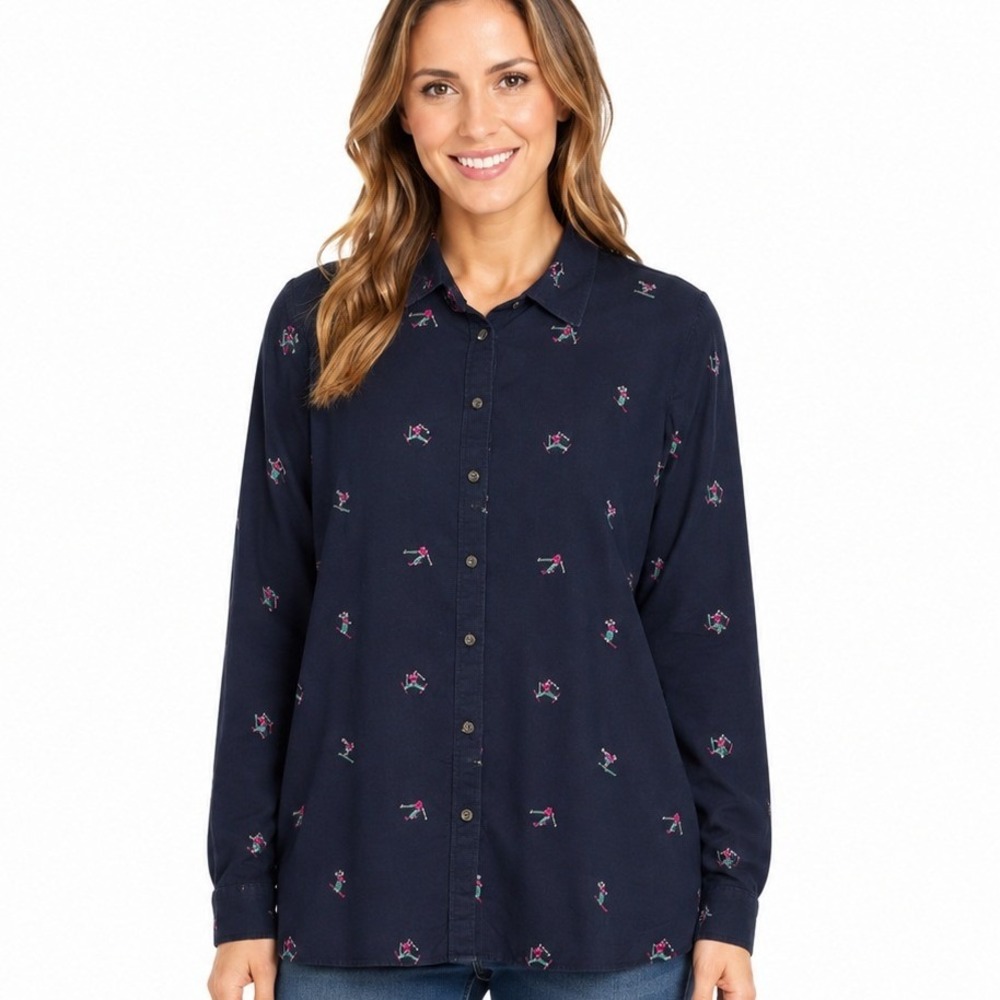 Talbots Button Down Shirt Women Size M Navy Blue Embroidered Skier Long‎ Sleeve